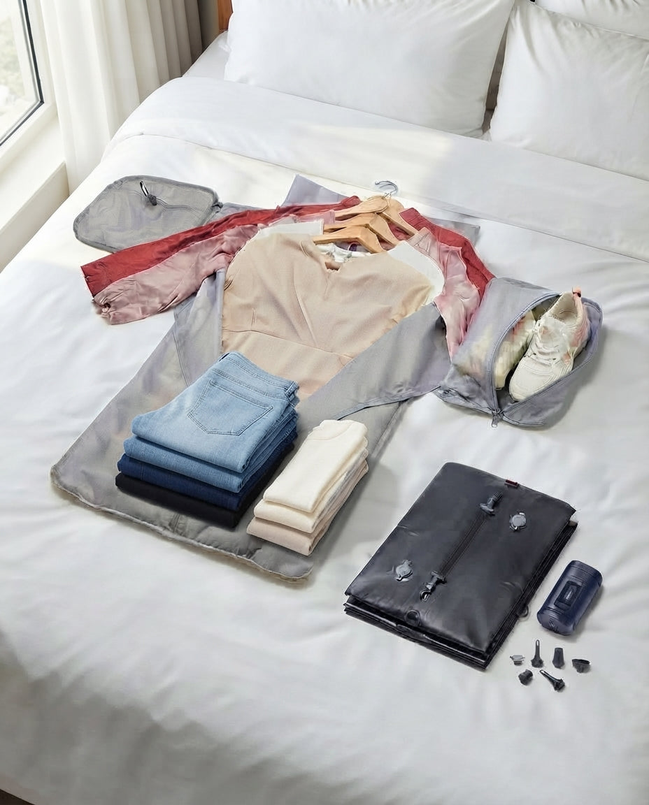 Beige RoamiBag duffle open on a hotel bed, with folded clothes and shoes packed neatly beside it