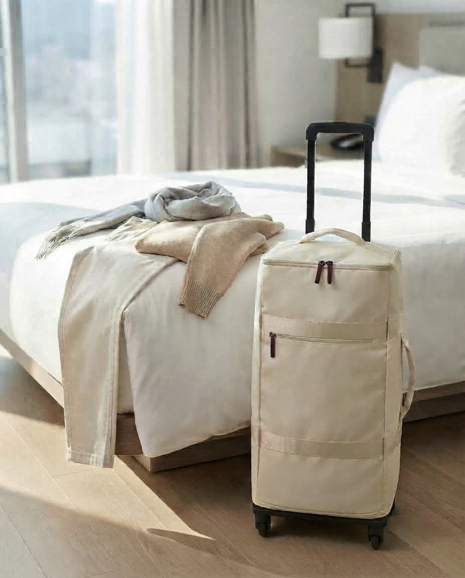RoamiBag wheeled duffle next to a bed in a bright hotel room