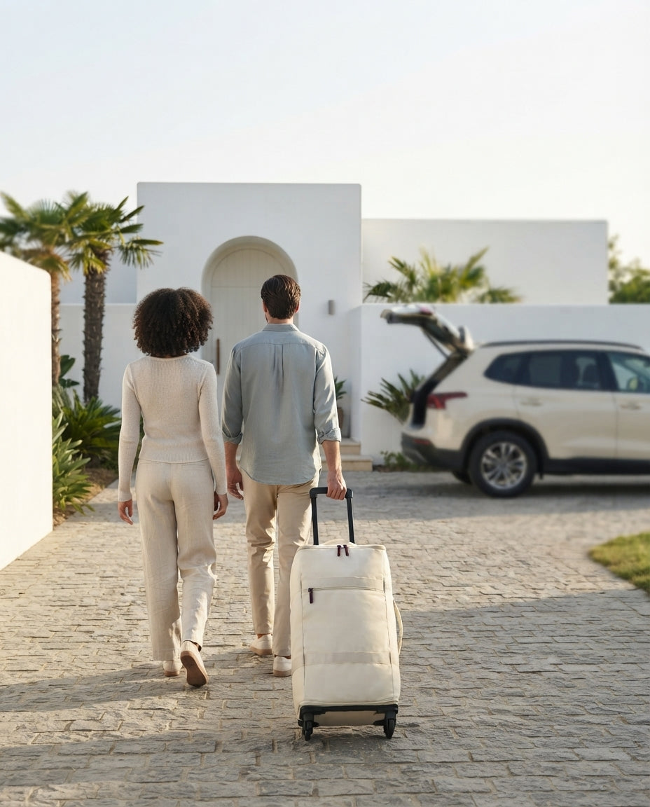 Couple walking toward a car with a RoamiBag wheeled duffel, leaving for the airport