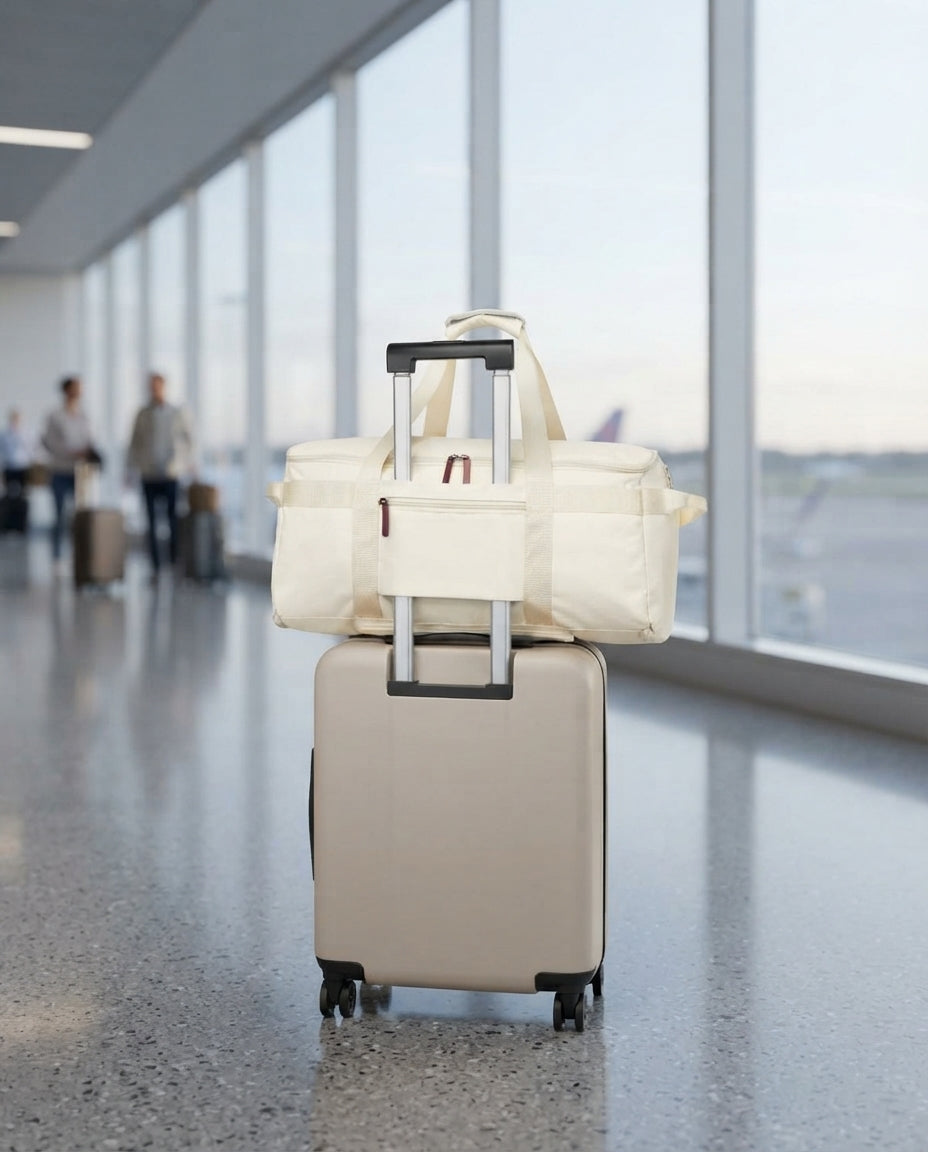 RoamiBag duffel resting on a suitcase handle in an airport terminal