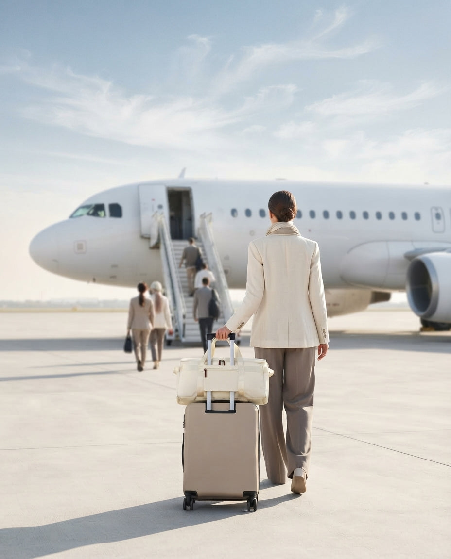 Traveler walking to a plane on the runway with a RoamiBag duffel